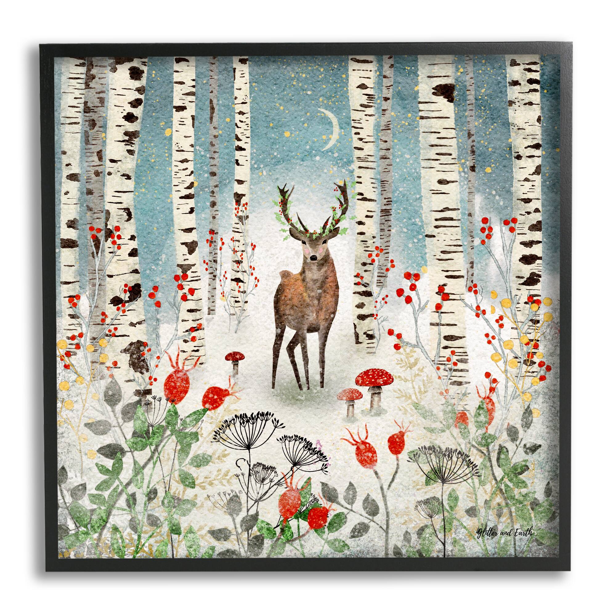 Stupell Industries Deer In Nighttime Birch Forest Black Framed Giclee Art